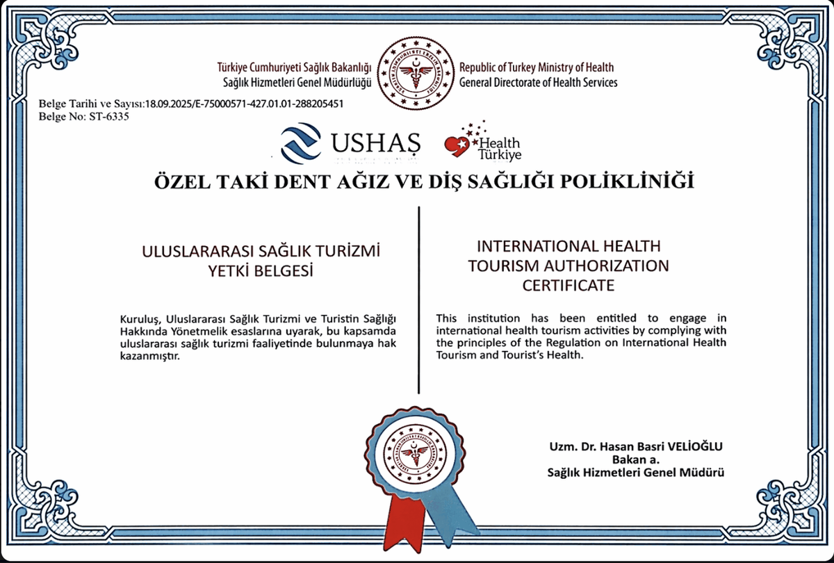 Taki Dent — Republic of Turkey Ministry of Health International Health Tourism Authorisation certificate No. ST-6335